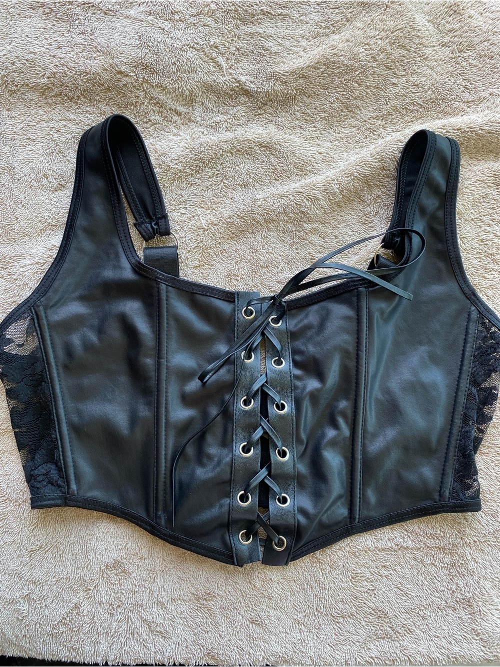 Black Lace-Up Faux Leather Corset Top M